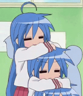 A gif of Izumi Konata from lucky star infinitely resting her arms on her own head